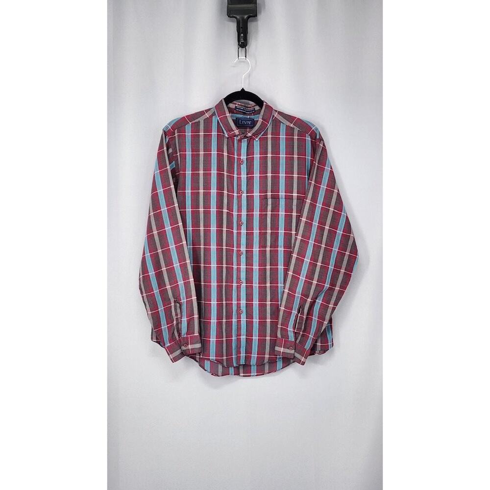 Vintage Big E Levi's Western Shirt Mens L Red Plaid 80s Long Sleeve Cotton Blend